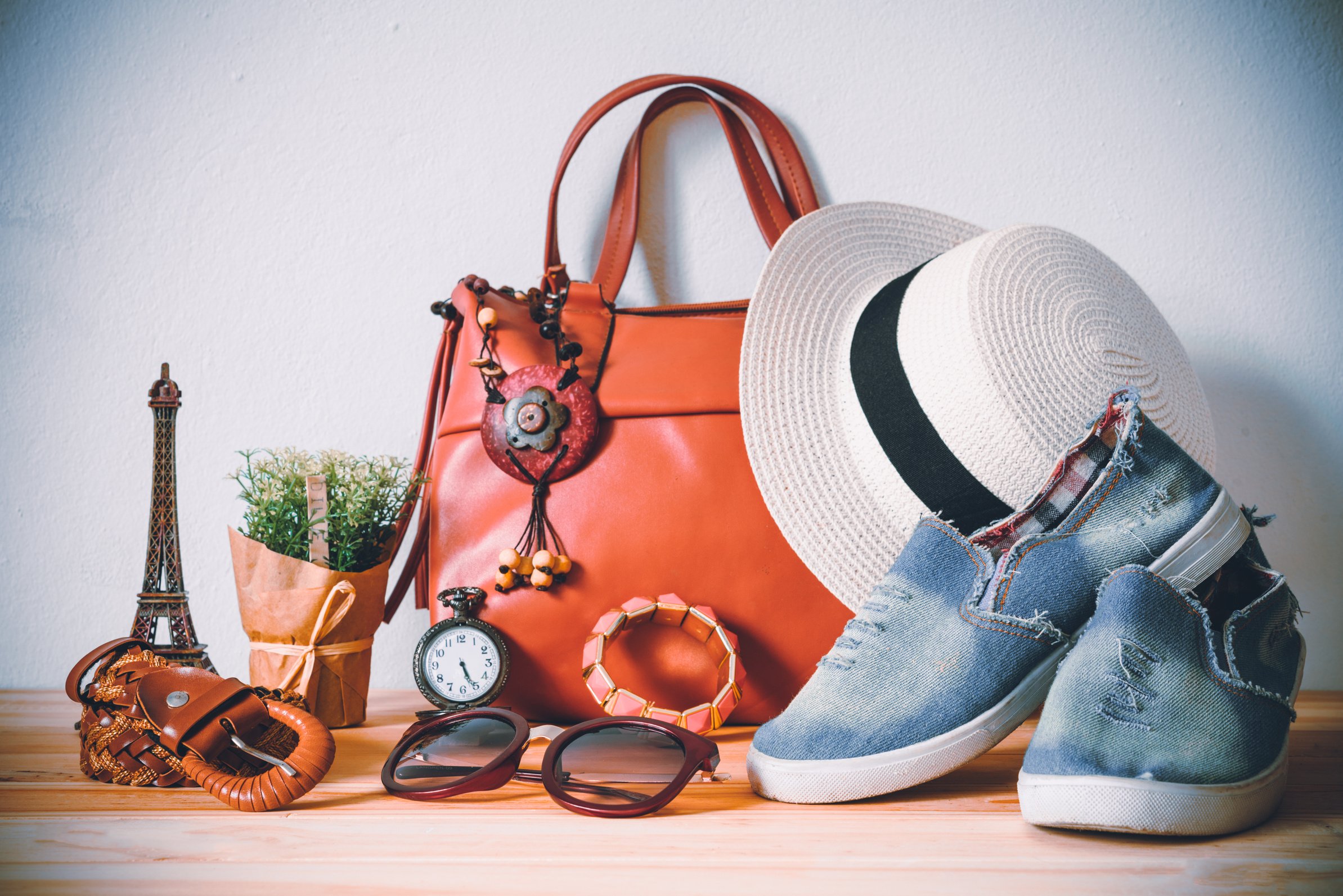 Women's Accessories on Wooden Table 